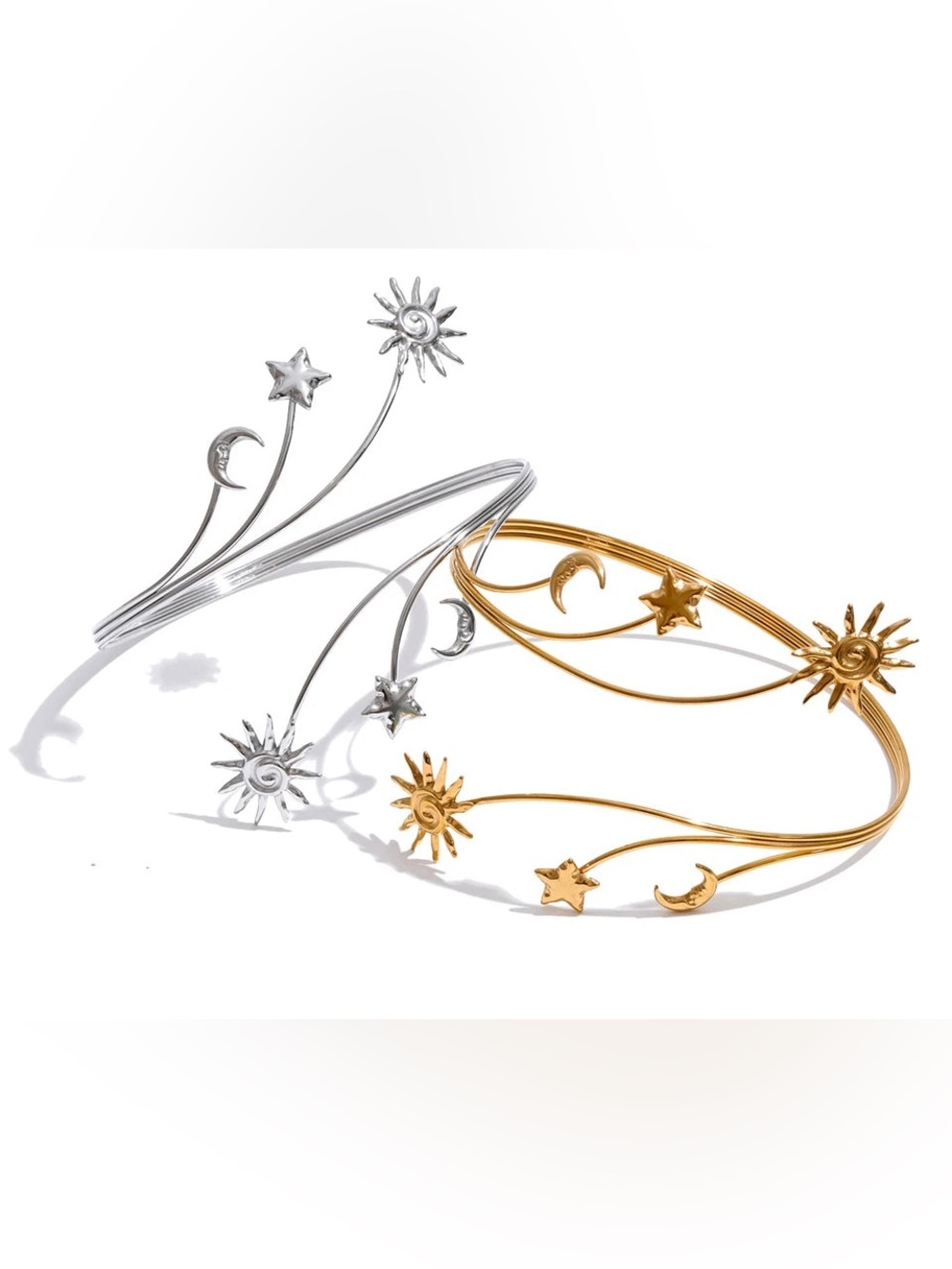 Silver Celestial Wrap Bracelet | Sun Moon Star Cuff | Stainless Steel - Picture 3 of 5